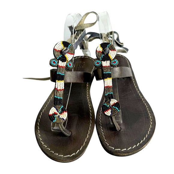 Laidback London Sandals Southwestern Beaded Ankle Tie Anthropologie 7.5 8 38 - Picture 1 of 8